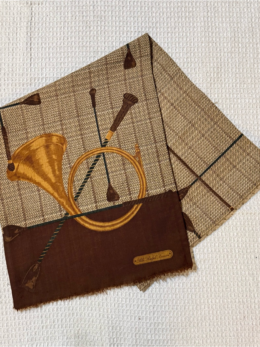 Polo By Ralph Lauren Brown & Gold Equestrian Horn Print Scarf